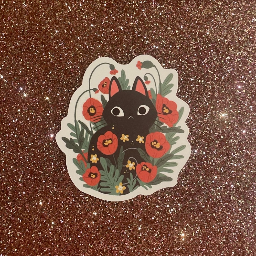Black Cat Floral Poppy Sticker